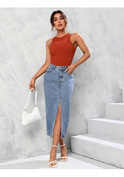 Pass&pass 2100-etek Kadın Likralı Önden Yırtmaçlı Jeans Kot Denim Uzun Etek Kar Açık Mavi Pass&pass 2100-etek Kadın Likralı Önden Yırtmaçlı Jeans Kot Denim Uzun Etek Kar Açık Mavi