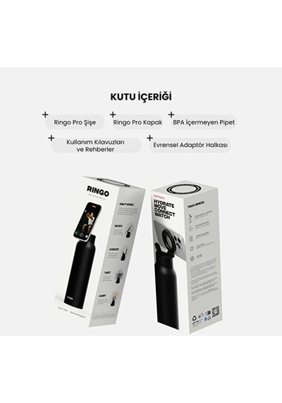 Ringo Pro Manyetik Telefon Tutuculu Termal Paslanmaz Çelik Su Şişesi Pipetli Kapak 24 Oz / 710 Ml Siyah