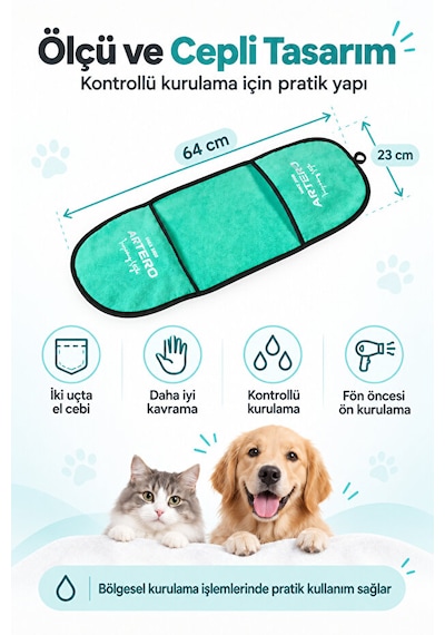 Artero Zumba Kedi Köpek Yüksek Emici Mikrofiber Cepli Kurulama Ve Kurutma Havlusu 64x23 Cm