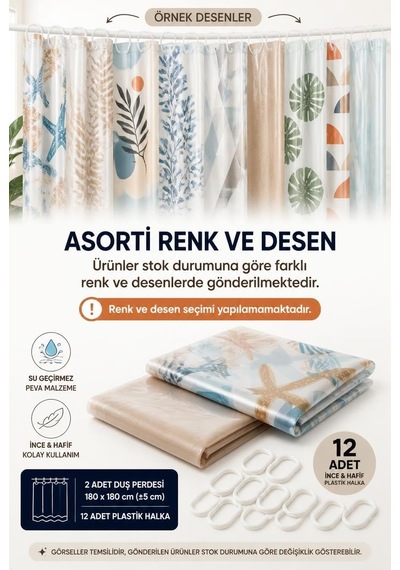 2'li Duş Perdesi Seti, Peva Banyo Perdesi Ve Askı Halkaları, Çok Renkli Karışık Desen 180x180cm Diğer