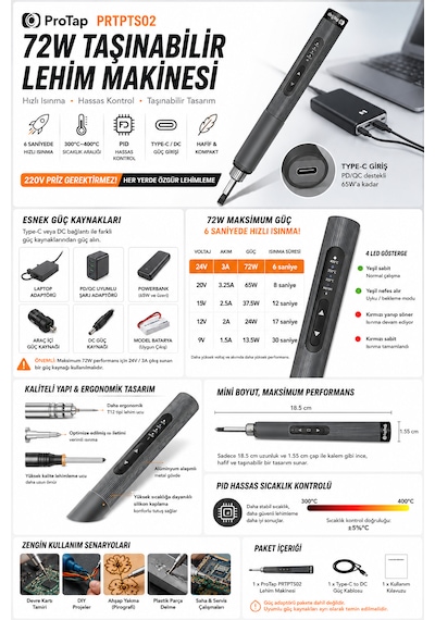 Protap Ts02 Lite 72w Taşınabilir Lehim Makinesi 300-400 C Pıd Isı Kontrollü Type-c Giriş 6 Saniyede Isınma