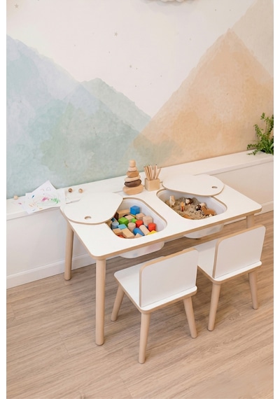 Montessori Çocuk Masası-oyun Masası-aktivite Masası-çalışma Masası-etkinlik Masası 2 Sandalye Beyaz