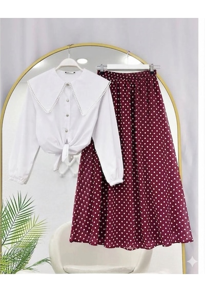 Lovie Moda Kadın Fisto Gömlek Benek Desenli Etekli Takım Bordo