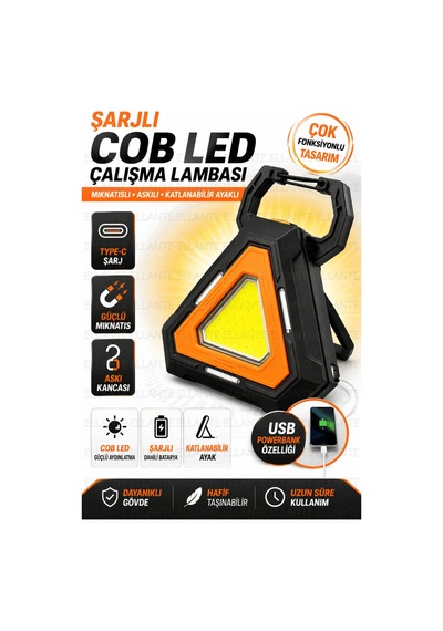 Şarjlı Cob Led Çalışma Lambası Type-c Şarjlı Usb Powerbank Mıknatıslı Askılı Katlanabilir Standlı Ka Çok Renkli