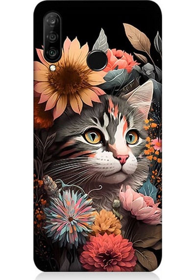 Huawei P30 Lite Uyumlu Silikon Kılıf Çiçekler Ve Kül Gri Kedi