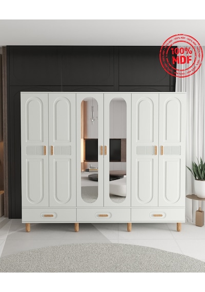 Dova 6 Kapaklı Çekmeceli Gardırop - Tamamı Mdf Beyaz