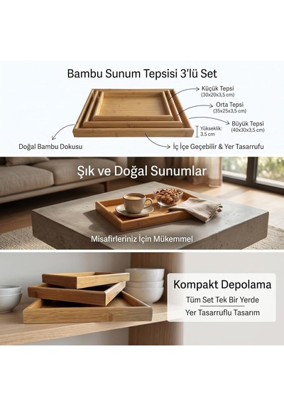 Doğal Bambu Sunum Tepsisi Seti, İç İçe Geçebilir Dikdörtgen Servis Tepsisi, 3'lü Set, 40x30, 35x25, 30x20 Cm Diğer