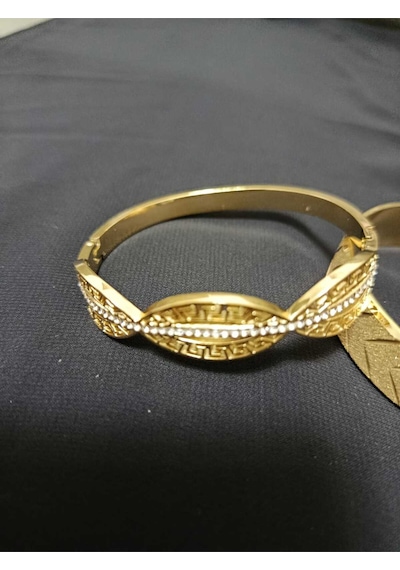 Kadın Gold Renk Antik Desenli Kelepçe Bilezik - Zirkon Taşlı 6 Cm Standart Boy Bileklik Altın