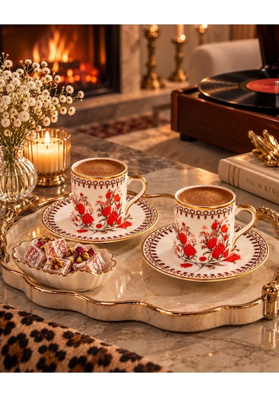 Nostalji 2 Kişilik Porselen Kahve Fincanı Takımı Çok  Renkli