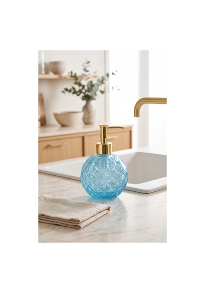 Boby Diamond Küre Cam Sıvı Sabunluk Gold Pompalı Kristal Desenli Dekoratif Banyo Ve Mutfak Dispenseri - 16 Cm X 10 Cm - 500ml - Mavi
