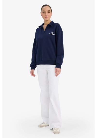 Defacto Relax Fit Polo Yaka Baskılı Kalın Sweatshirt G7014ax25wnnv251 Lacivert-nv251