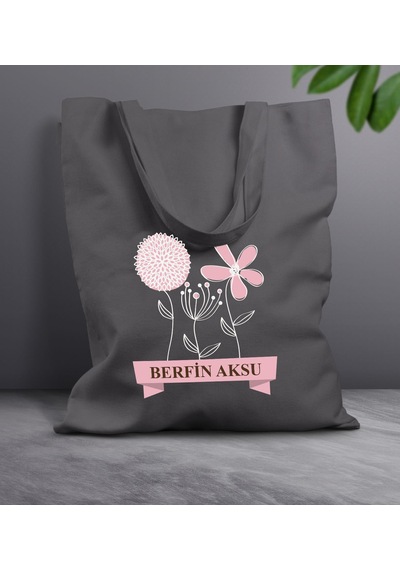 Bk Gift Kişiye Özel İsimli Anneler Günü Tasarımlı Antrasit Kumaş Bez Çanta, Baskılı Omuz Çantası, Alışveriş Çantası, Anneler Günü Hediyesi, Anneye Hediye-4 Sarı