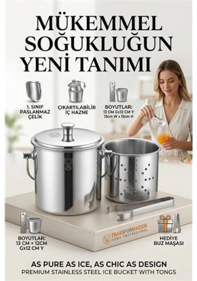 Paslanmaz Inox Parlak Çelik Buz Kovası Seti - Süzgeçli Ve Buz Maşası Hediyeli 723145 4296