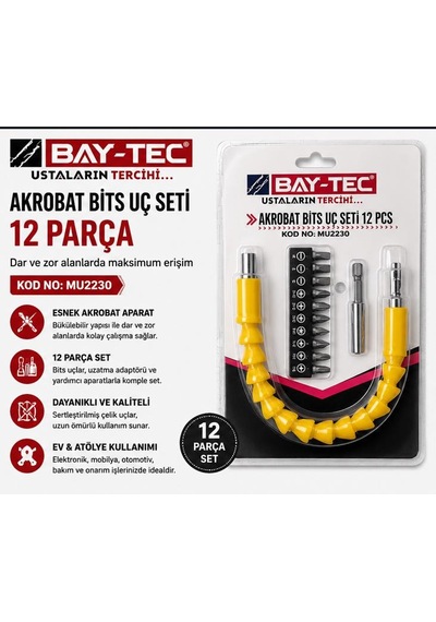 Bay-tec Mu2230 Akrobat Bits Uç Seti 12 Parça Esnek Şaftlı Dar Alan Vidalama Ve Matkap Uç Seti