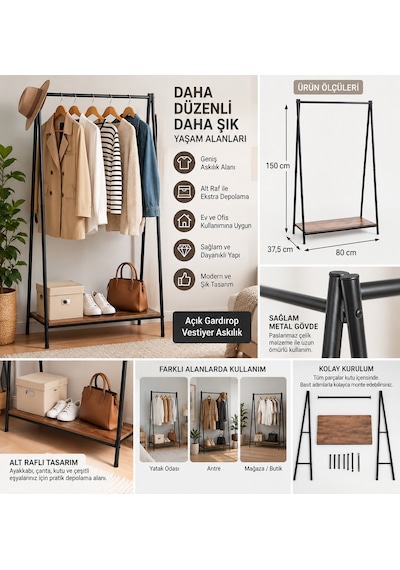 Raflı Vestiyer Askılık Metal Elbise Askılığı Açık Gardırop Kıyafet Askısı Siyah 80x37,5x150 Cm