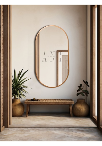 Dekoratif Ayna Duvar Aynası Konsol Aynası Mdf Elips Ayna 90x50 Cm 90 X 50 Bronz