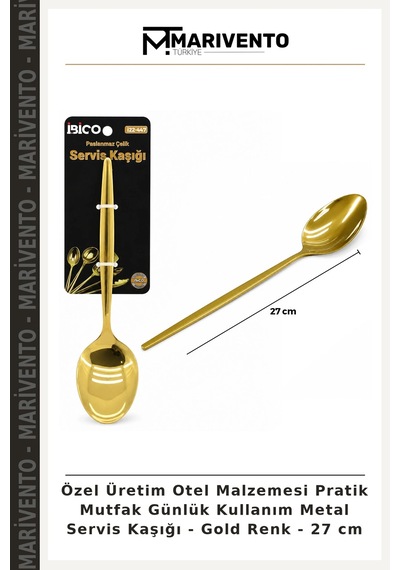 Özel Üretim Otel Malzemesi Pratik Mutfak Günlük Kullanım Metal Servis Kaşığı - Gold Renk - 27 Cm