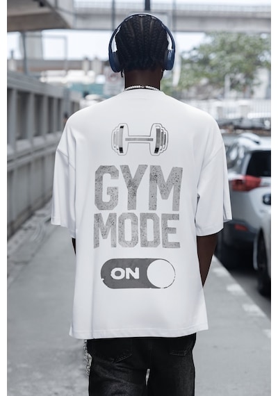 Gym Mode On Bodybuilding Fitness Sırt Baskılı Unisex Oversize Spo Beyaz