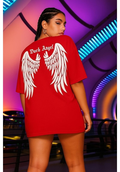 Dark Angel Baskılı Oversize T-shirt Kirmizi