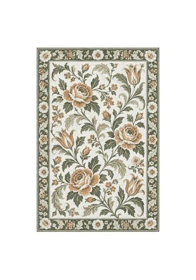 Kartela Halı Vintage Çiçek Bordürlü Halı Adaçayı Yeşili Kaymaz Taban Makinede Yıkanabilir 160x240 Cm