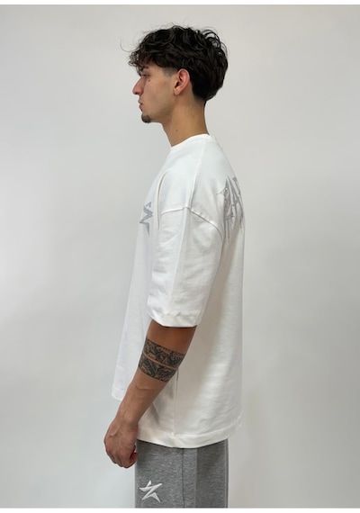 Zaee Star Taşlı Oversize Premium Tişört Beyaz