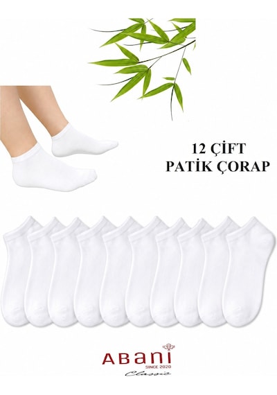 Abani Classic 12 Çift Kısa Patik Erkek Bambu Çorap Beyaz
