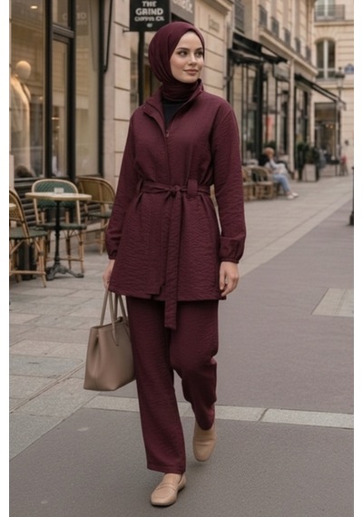 Bestenur Gizli Fermuarlı Kuşaklı İkili Takım 1698 - Bordo Bordo