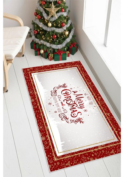 Dijital Baskılı Kaymaz Tabanlı Yıkanabilir Kırmızı Merry Christmas Halısı
