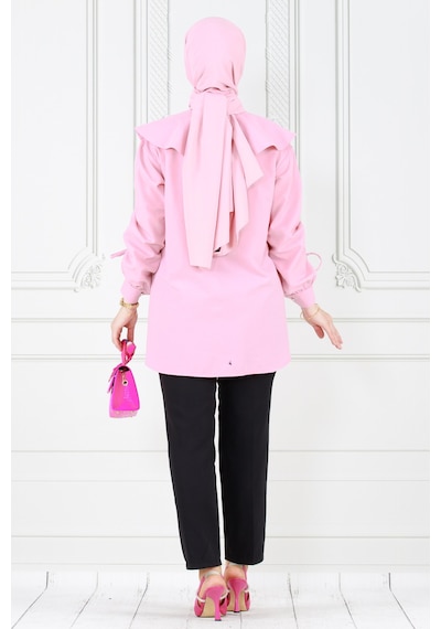 Sevitli Büyük Yaka Kolu Büzgü Detaylı Tunik-pembe-3862-pembe Pembe