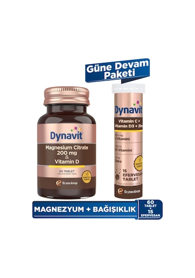 Dynavit Magnesium Citrate 200 Mg, Vitamin D 60 Tab &vitamin C Vitamin D3 Çinko 15 Efer - Güne Devam Paketi
