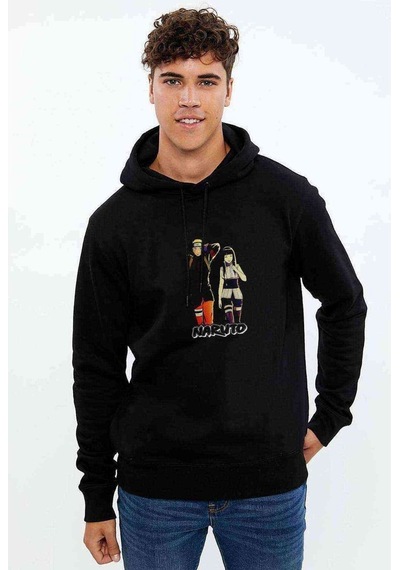 Anime Naruto Baskılı Siyah Erkek Örme Kapşonlu Sweatshirt (529029770)