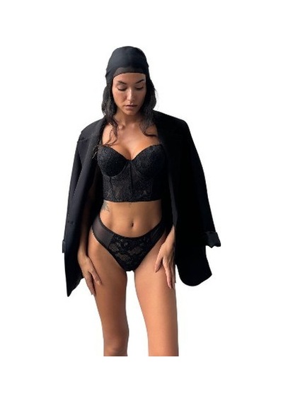 Onsekiz18shop Destekli Taşlı Tül Beyaz Parıltılı Çiçekli Beyaz Büstiyer Takım Siyah