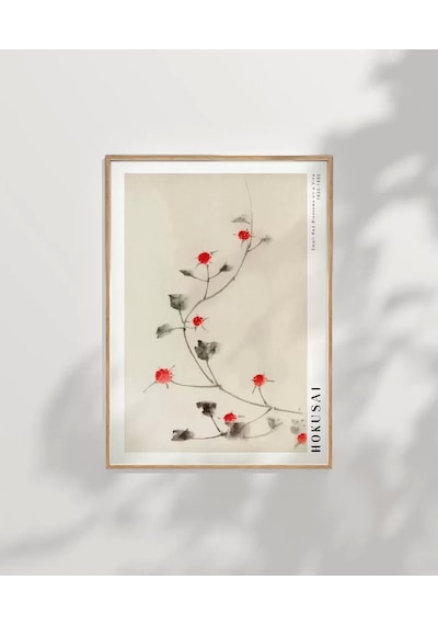Çerçevesiz Poster Hokusai Asma Üzerinde Küçük Kırmızı Çiçekler