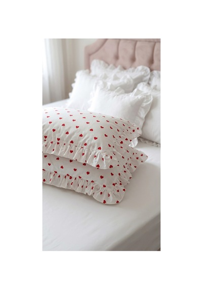 %100 Pamuklu Kalp Desenli Fırfırlı Yastık Kılıfı 2 Adet 50x70 Cm Krem - 863747383 Krem