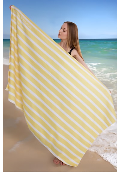 Çizgili Dijital Baskılı 100x180 Cm Plaj Havlusu Plaj Çantası+bon Sarı
