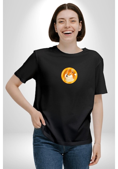 Doge Coin Siyah Oversize Unisex Ön Orta Minimal Baskılı Tişört Siyah