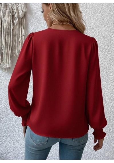 Defymoda Kadın Uzun Kollu Dökümlü Kruvaze Yaka Kol Ucu Gipeli Sandy Bluz Kırmızı