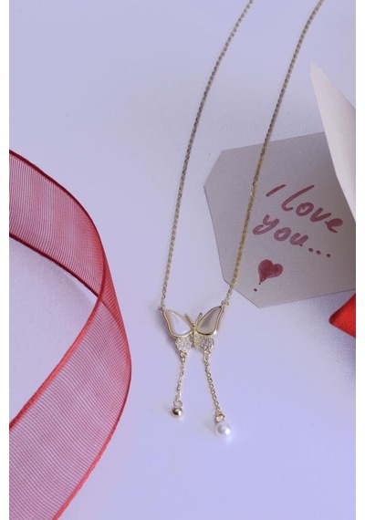 Innuendo Jewelry 925 Ayar Gümüş Sedefi İncili Taşlı Kelebek Kolye Altın