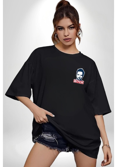Breaking Bad Siyah Oversize Unisex Ön Sol Yan Minimal Baskılı Tişört Koyu Siyah