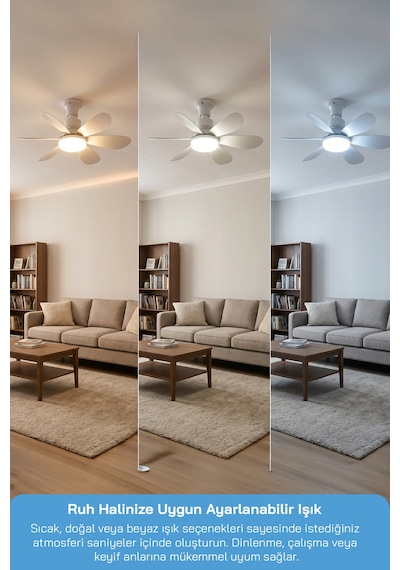 Sf-7708 3 Led Aydınlatmalı Sessiz Tavan Vantilatörü Kumandalı 6 Kanatlı
