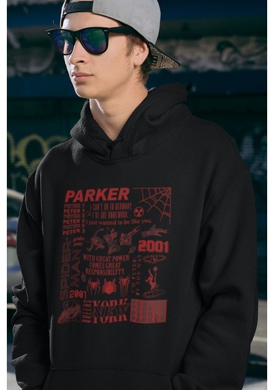 Sevbano Parker Spider-man Baskılı Unisex Oversize Örümcek Adam Hoodie Siyah
