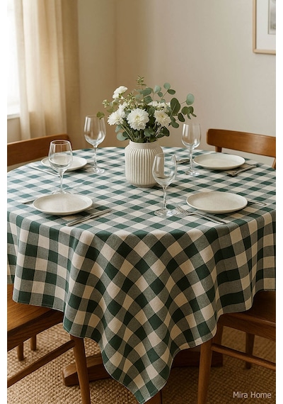 Mira Home Kareli Masa Örtüsü Sofra Bezi 160x160 Cm Happytime Yeşil