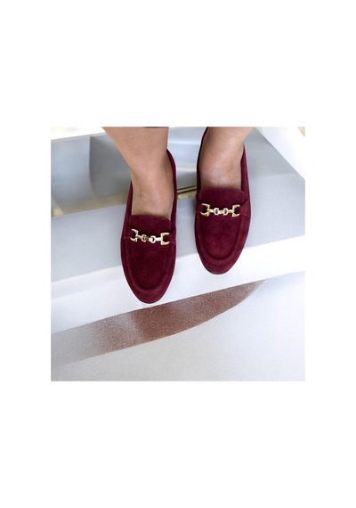 Ne&ve Shoes Bordo Süet Hakiki Deri Gold Zincir Aksesuarlı Kadın Loafer Ayakkabı