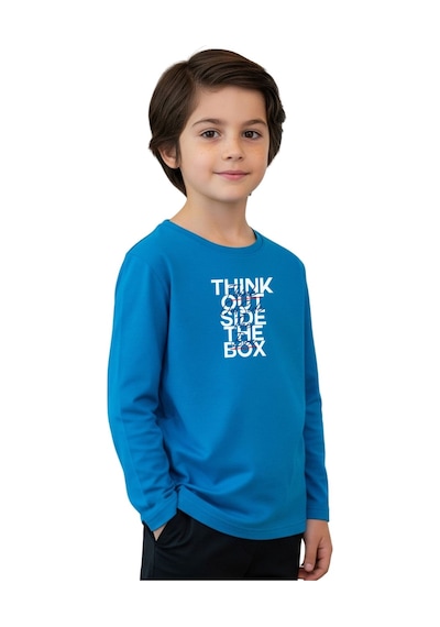 Panios Kids Düz Yuvarlak Yaka Think Out Baskı Detaylı Erkek Çocuk Sweatshirt Mavi
