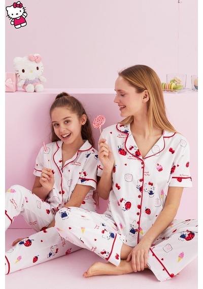 Siyah İnci Lisanslı %100 Pamuk Çok Renkli Düğmeli Biyeli Pijama Takım Hk056 Beyaz