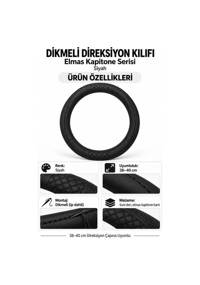 Trobus Peugeot 206 1998-2010 Uyumlu Dikmeli Direksiyon Kılıfı Elmas Kapitone Siyah