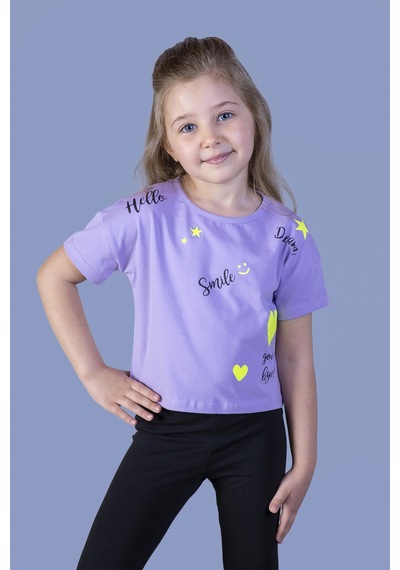 Toontoy Kids Toontoy Kız Çocuk Crop Model Neon Baskılı Tişört Lila