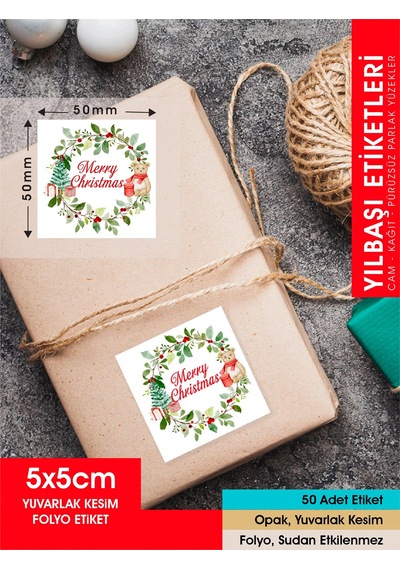 Yılbaşı Etiket Ayıcıklı-1, Merry Christmas, 5 Cm-50 Adet Folyo Sticker Çok Renkli