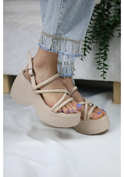 Asmi Shoes Kadın Paris Kalın Taban 9 Cm Ortopedik Sandalet Bej Bej