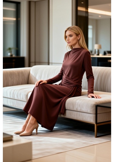 Benerly Kadın Maxi Bodycon Drapeli Yüksek Yaka Uzun Kol Örme Kumaş Bağlam Kahverengi